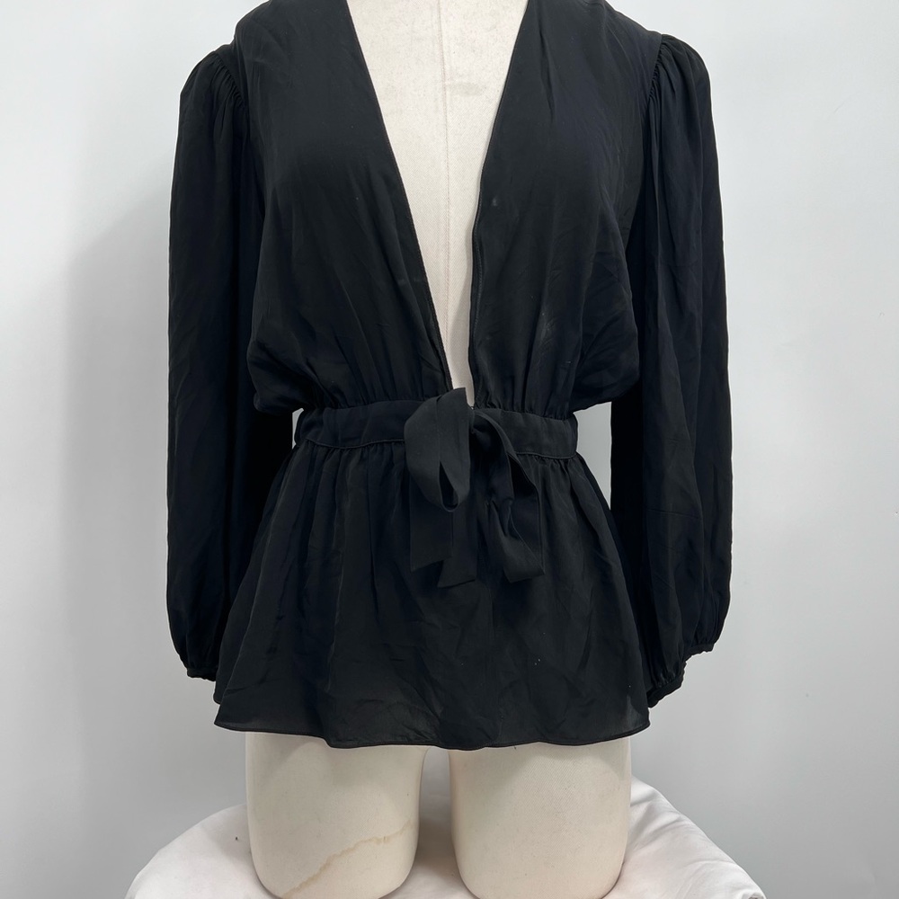Adriana Degreas Women's Puff Sleeve Front Tie Plunging V-Neck Black Blouse Top S
